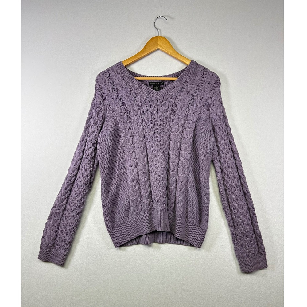 Preswick & Moore Cable Knit Sweater W XL Purple V-Neck Cotton Blend Long Sleeve